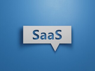 Speech Bubble block with SAAS business word.Minimalist Abstract Design With White Cut Out Paper.3D rendering on blue background.