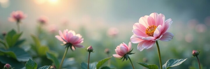 Obraz premium A delicate flower blooms in the midst of a soft, white fog, fog, morning, garden