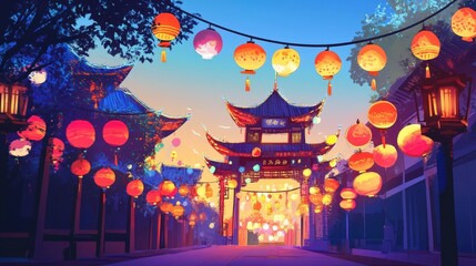 Fototapeta premium Festive Asian Street Scene Illuminated by Lanterns at Dusk