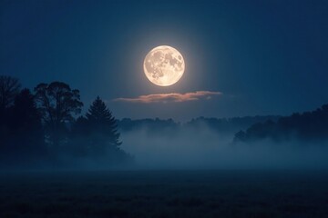 Fototapeta premium Foggy night scene with full moon shining through, atmosphere, clouds, peaceful