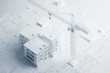 A minimalist construction scene featuring a crane and building blueprints.