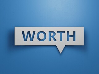 Speech Bubble block with WORTH business word. Mission.3D rendering on red background.