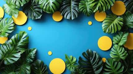 Vibrant Tropical Leaves with Bright Yellow Circles on a Blue Background, Perfect for Summer Themes and Nature Inspirations in Graphic Designs