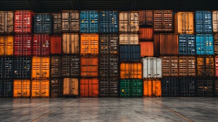 Fototapeta premium Colorful and Stacked Shipping Containers in a Warehouse with Rusty Texture and Visually Striking Patterns Creating an Industrial and Urban Atmosphere
