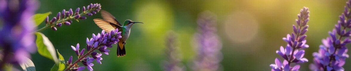 Fototapeta premium Hummingbird hawk moth hovering around purple flower clusters, garden, flowers