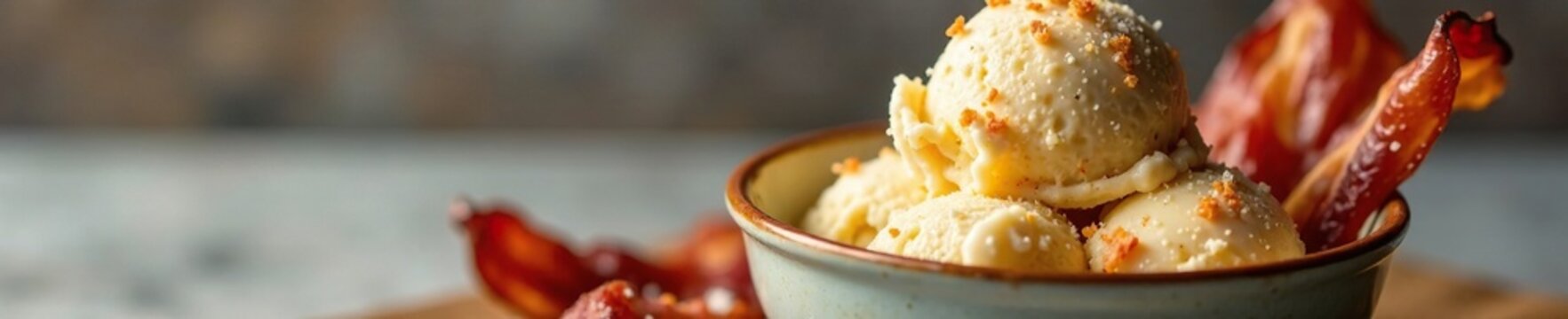 Bowl of maple bacon ice cream with a sprinkle of sea salt and a side of crispy bacon, dessert, bacon