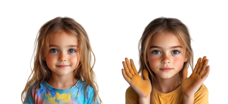 Little girl playing with watercolors on transparent background
