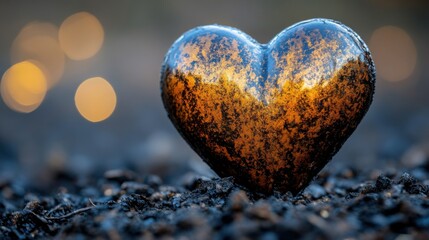 Fototapeta premium Shiny Heart Shaped Stone on Dark Ground with Soft Bokeh Background Displaying Warm Tones and Natural Textures in a Captivating Artistic Composition