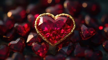 A stunning heart-shaped red diamond glimmers at the center, encircled by a collection of sparkling red diamonds, symbolizing love and passion.
