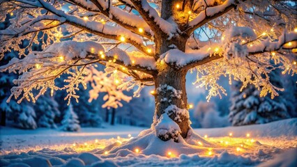Macro photography reveals a winter wonderland: a snow-covered tree, brilliantly lit, AI-created.