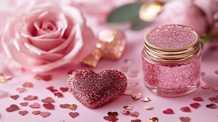A charming pink jar filled with sparkling glitter, accompanied by a lovely heart, radiates the essence of love and celebration this Valentine's Day.