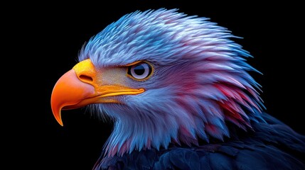 Fototapeta premium Colorful eagle head, dark background, intense stare.