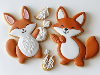 Fototapeta premium Delightful fox shaped cookies decorated with icing, featuring playful expressions and intricate designs. Perfect for celebrations or as sweet treat!