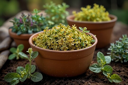  Garden herbs - Golden oregano, Origanum vulgare 'Thumble's Variety' AI image generation