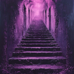 Purple stone stairs ascending in mystical glowing tunnel with overgrown walls