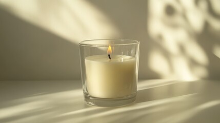 Lit candle in glass jar, soft light. Perfect for relaxation, spa, or zen themes.