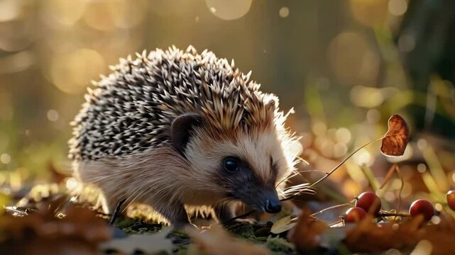 Adorable hedgehog in autumn forest with vibrant foliage AI