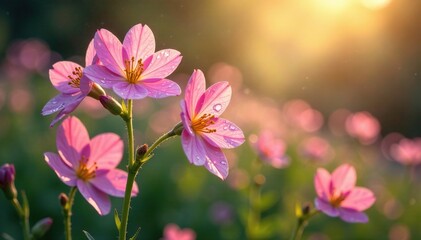 Obraz premium Dew-kissed flowers swaying gently in the morning breeze, gently, flowers