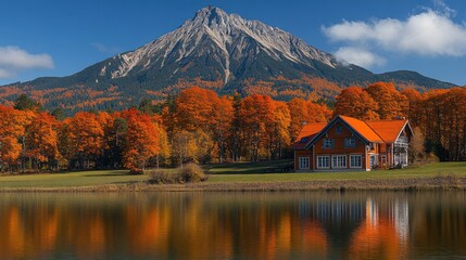 Fototapeta premium Scenic Autumn Landscape with Vibrant Fall Foliage, Reflections in Calm Water, Majestic Mountain, and Cozy House Surrounded by Lush Nature