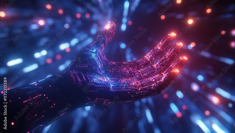 Wall mural a close-up of an ai hand reaching out towards the viewer, with digital circuit patterns on its finge
