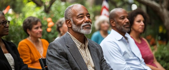 Attentive senior man listening intently at an outdoor event, surrounded by a diverse group of people.