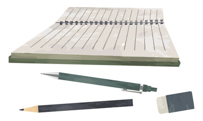 鉛筆とノートと消しゴム （筆記用具のイラスト）