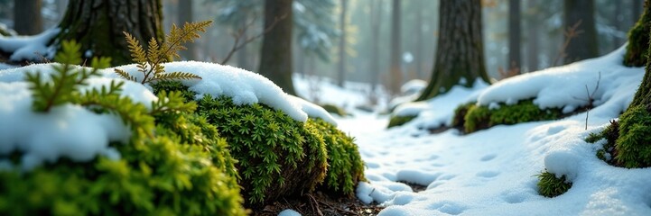 Forest floor with moss and ferns under the blanket of fresh snow, earthy, moss, ground