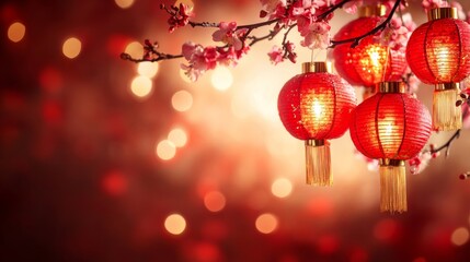 A Festive Chinese New Year Scene in Red, White and Gold, Showcasing Lanterns and Plum Blossoms with Empty Space for Your Text
