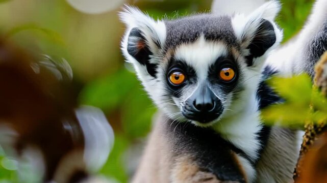 Ring-tailed lemur climbing a tree in a dense jungle, with bright eyes focused amidst vibrant greenery. ai