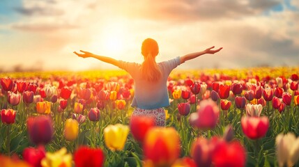 A person spinning happily in a colorful field of tulips © Omizzoda