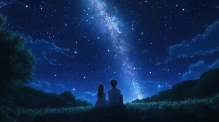 Fototapeta premium Starry Night Romance: Couple Silhouetted Against a Breathtaking Milky Way Galaxy