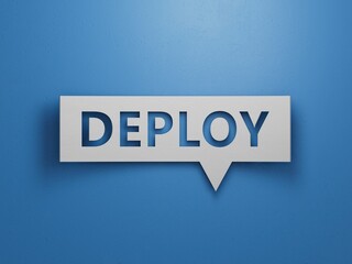 Speech Bubble with text deploy. financial market. financing.Minimalist Abstract Design With White Cut Out Paper.3D rendering on blue background.