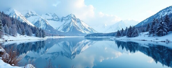 A tranquil lake reflects the snow-capped hills above, winter, calm, frozen tundra
