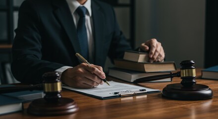 Fototapeta premium legal consultation, attorney's office, business suit, pen in hand, open law book, wooden desk,