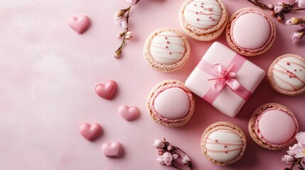 Obraz premium Delight in a whimsical array of small cookies, each adorned with charming pink decorations, resting on a soft pink surface, perfect for Valentine's Day treats.