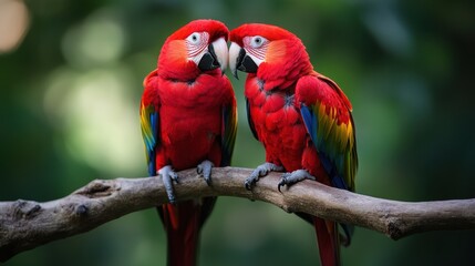 Obraz premium Two vibrant parrots perch closely on a branch, their colorful feathers reflecting the warmth of love, celebrating the spirit of togetherness this Valentine's Day.