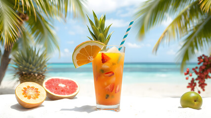 A tropical cocktail with fresh fruit on the beach, 8K resolution, vivid colors, isolated on white background