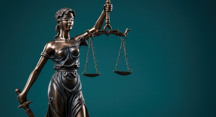 Bronze statue of Lady Justice, blindfolded goddess, holding scales, symbol of law and