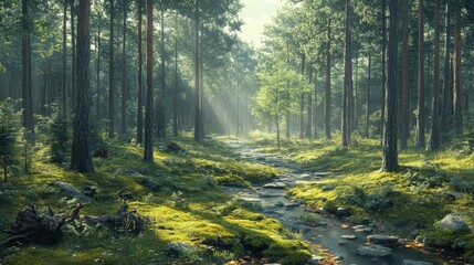 Obraz premium Serene forest scene with a gentle stream and sunlight filtering through trees.