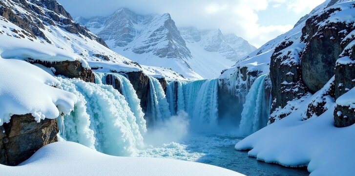 frozen waterfall on the slope of Nanga Parbat, frosty, natural