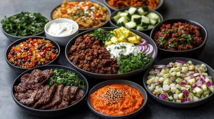 The ketogenic diet promotes a low-carb lifestyle. Colorful assortment of dishes in bowls on a table.