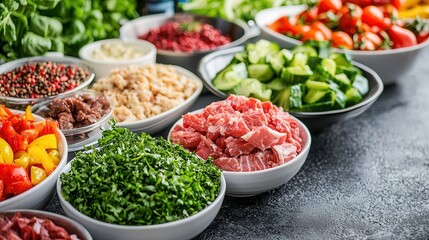 The ketogenic diet promotes a low-carb lifestyle. Fresh ingredients arranged in bowls for meal preparation.