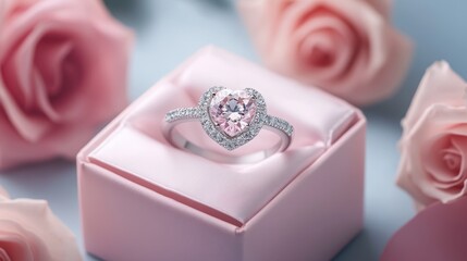 A stunning pink ring adorned with a sparkling diamond rests elegantly in a soft pink box, perfect for expressing love on Valentine's Day.