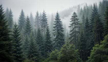 Fototapeta premium Dense evergreen forest shrouded in misty fog.