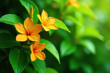 Fototapeta premium Green leafy foliage with bright orange flowers in bloom, tree, leaves