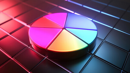 A glowing pie chart with pulsating, colorful slices, floating in a virtual space, set against a digital grid background that enhances its dynamic and futuristic appearance.