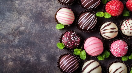 Obraz premium A delightful array of heart-shaped chocolates elegantly arranged on a table, inviting sweet indulgence this Valentine's Day.