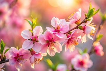 Fototapeta premium Spring's delicate peach blossoms burst with vibrant color in these stunning, focus-stacked macro images.