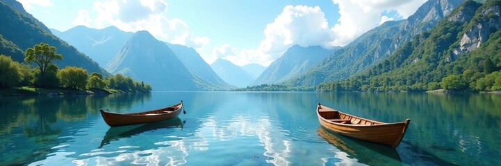 Obraz premium Large lake with wooden boats and distant mountains, countryside, water