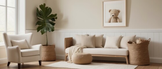 Fototapeta premium Modern living room with a cozy sofa and stylish furniture in a well-lit, luxurious apartment